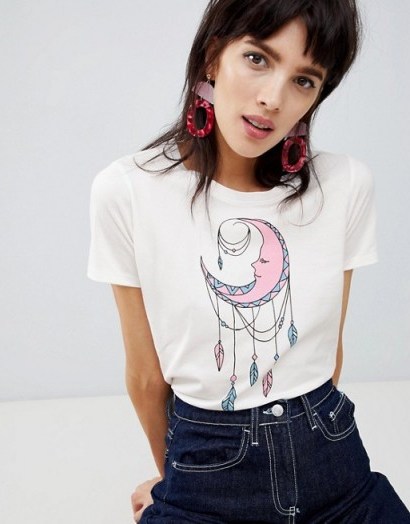People Tree Organic Cotton T-Shirt With Moon Dream Catcher Print in White | printed tee - flipped