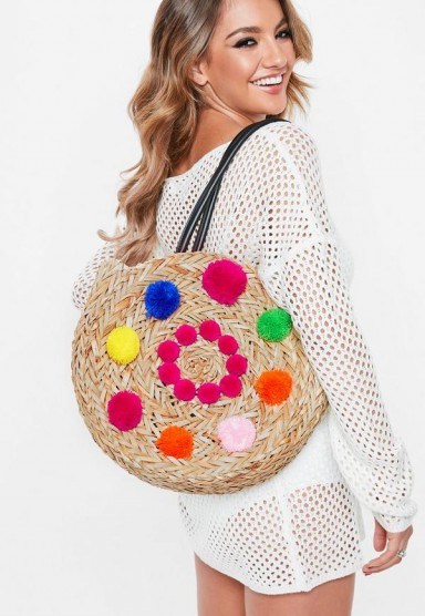 MISSGUIDED pink circular detail pom pom bag – summer holiday accessory - flipped