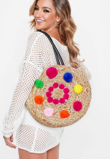 MISSGUIDED pink circular detail pom pom bag – summer holiday accessory