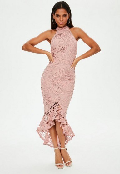 MISSGUIDED pink lace high neck fishtail midi dress – glamorous party look - flipped