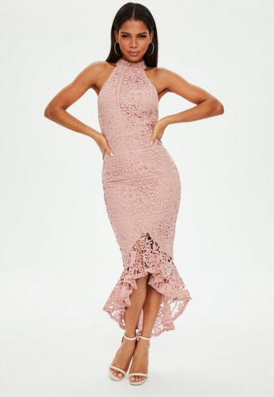 MISSGUIDED pink lace high neck fishtail midi dress – glamorous party look
