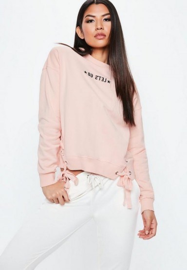 Missguided pink lets go slogan lace up sweatshirt - flipped