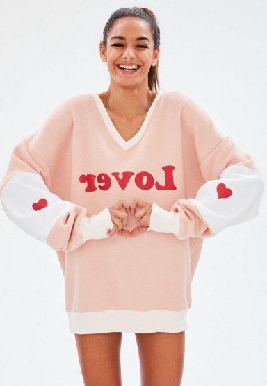 Missguided pink slogan lover oversized night sweatshirt – slouchy knitwear - flipped