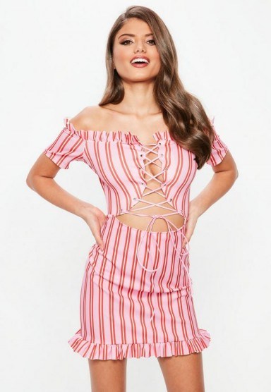 MISSGUIDED pink striped bardot lace up front mini dress – off the shoulder - flipped