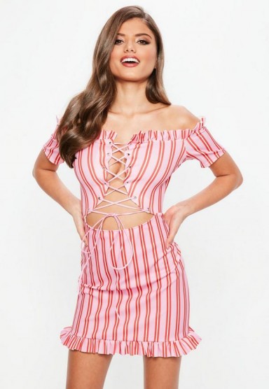 MISSGUIDED pink striped bardot lace up front mini dress – off the shoulder