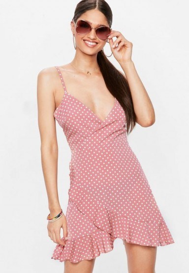 MISSGUIDED pink wrap front polka dot cami dress – strappy frill trimmed sundress - flipped