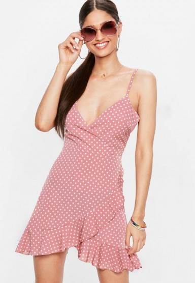 MISSGUIDED pink wrap front polka dot cami dress – strappy frill trimmed sundress