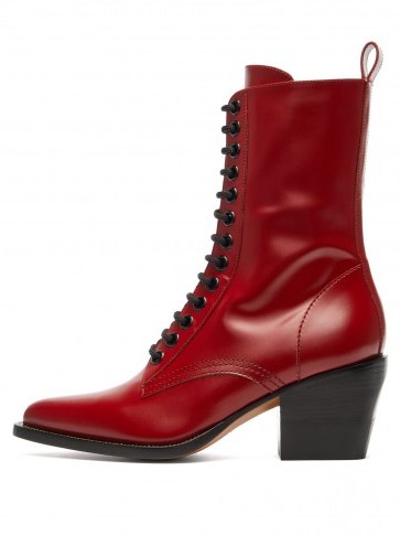 CHLOÉ Point-toe lace-up red leather boots - flipped