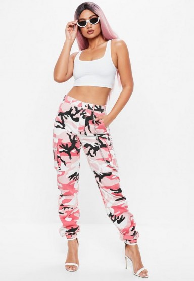 Missguided premium pink camo cargo chain trousers