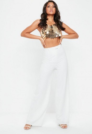 Missguided premium textured crepe wide leg trousers in white - flipped