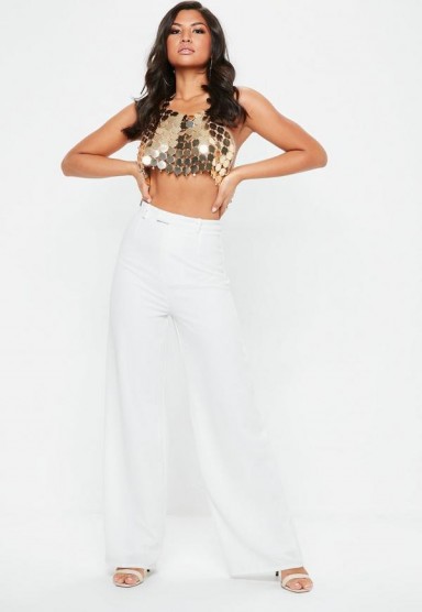 Missguided premium textured crepe wide leg trousers in white