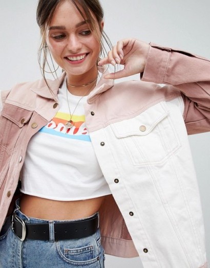 PrettyLittleThing Colourblock Denim Jacket – pink and white - flipped