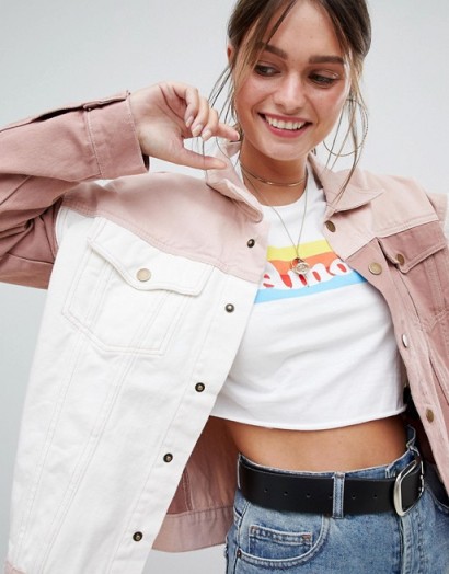 PrettyLittleThing Colourblock Denim Jacket – pink and white