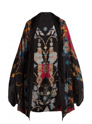 ETRO Printed cashmere-blend poncho / floral fringed throw-on