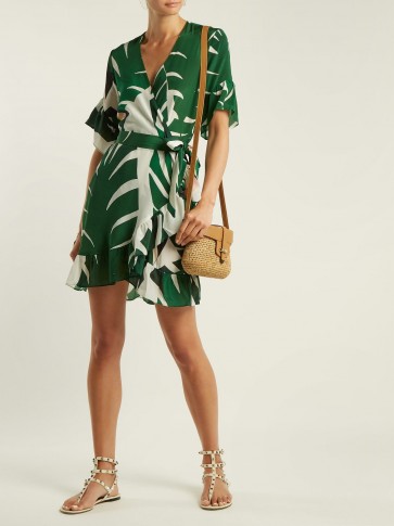 ADRIANA DEGREAS Printed green and white silk crepe wrap dress ~ effortless vacation style