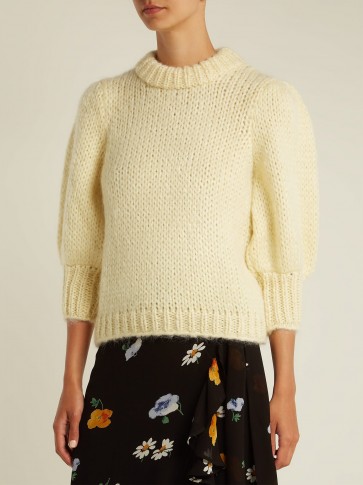 GANNI Puff-sleeve mohair and wool-blend sweater ~ chic yellow jumpers ~ luxe style knitwear
