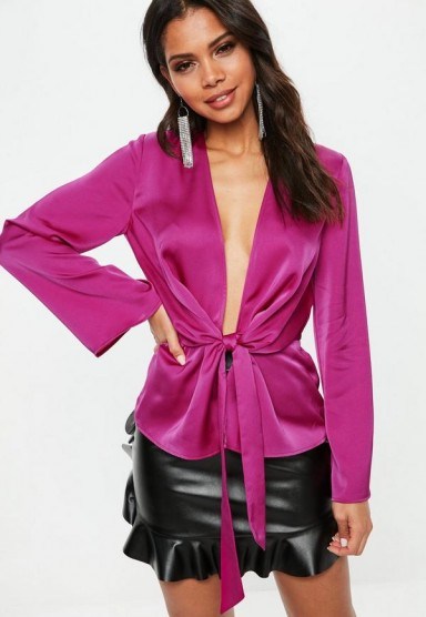 MISSGUIDED purple satin drape plunge blouse – deep v neckline top - flipped