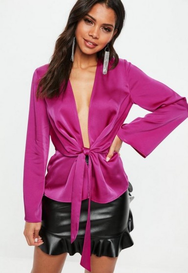 MISSGUIDED purple satin drape plunge blouse – deep v neckline top