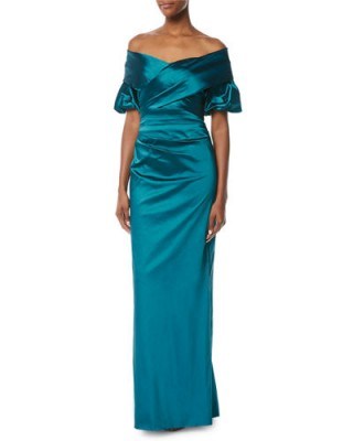Rickie Freeman for Teri Jon Off-the-Shoulder Portrait Puff-Sleeve Taffeta Evening Gown Green/Blue – long ruched bardot dresses - flipped
