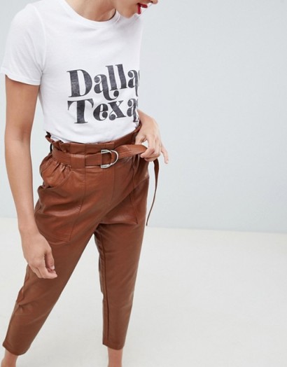 River Island peg trousers in faux leather in tan | brown tapered crop leg pants