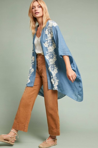 Anthropologie Ruana Embroidered-Denim Kimono in blue motif | oriental style jackets