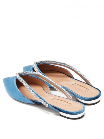 AQUAZZURA Sabine crystal-embellished sky-blue velvet slipper shoes ~ luxe pointed toe flats - flipped