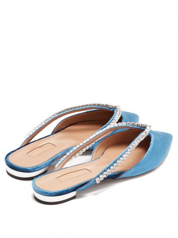 AQUAZZURA Sabine crystal-embellished sky-blue velvet slipper shoes ~ luxe pointed toe flats