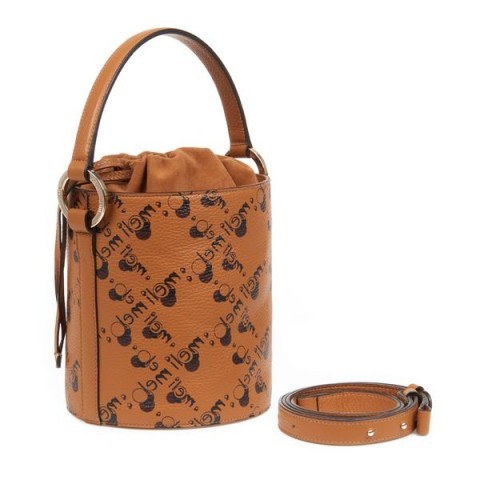 meli melo Santina Mini Bucket Bag in Tan DNA – brown logo print bags - flipped