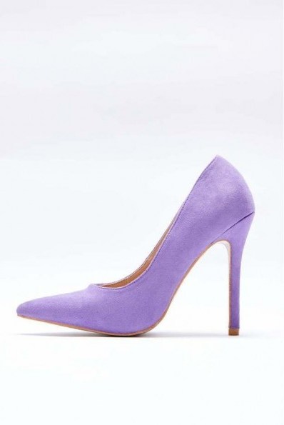 SARAH ASHCROFT LILAC FAUX SUEDE COURT HEELS – purple pointed toe pumps - flipped