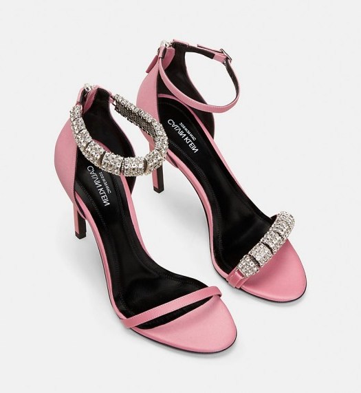 CALVIN KLEIN COLLECTION Satin High-Heeled Sandals in Rose ~ pink mismatched crystal heels - flipped