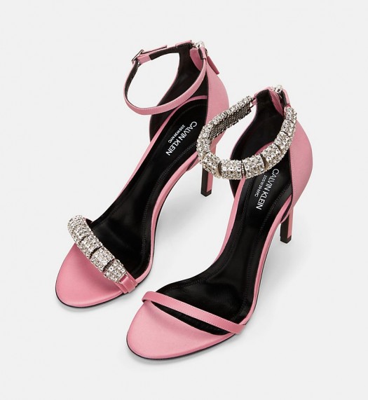 CALVIN KLEIN COLLECTION Satin High-Heeled Sandals in Rose ~ pink mismatched crystal heels