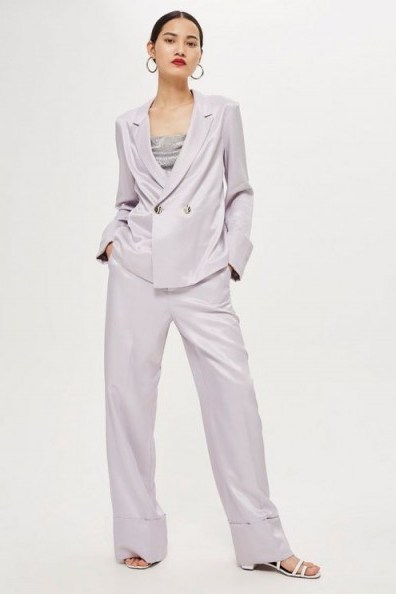 TOPSHOP Satin Jacket and Wide Leg Trousers in lilac – silky pant suit - flipped