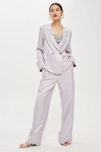 TOPSHOP Satin Jacket and Wide Leg Trousers in lilac – silky pant suit