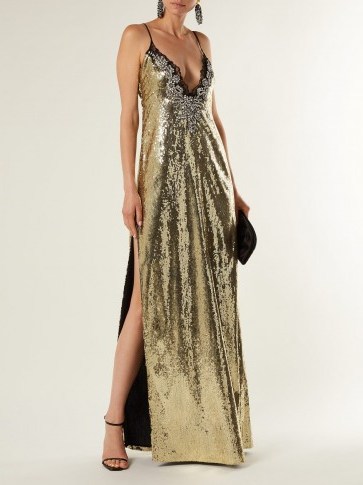 DUNDAS Sequin and crystal-embellished gown ~ gold plunge front strappy dress ~ evening glamour - flipped