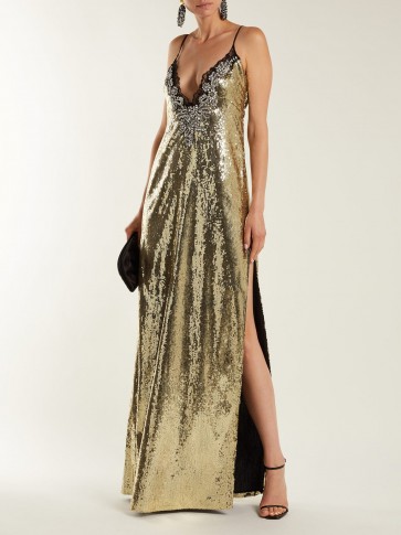 DUNDAS Sequin and crystal-embellished gown ~ gold plunge front strappy dress ~ evening glamour