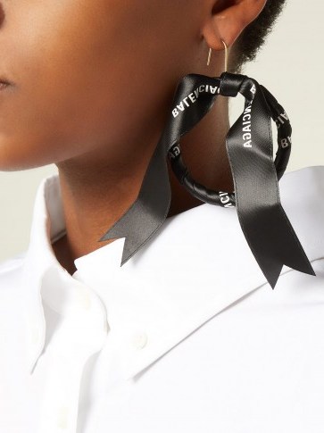 BALENCIAGA Silk-twill logo printed hoop earrings ~ designer statement hoops - flipped