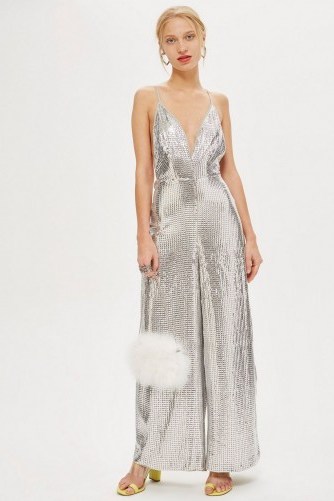 Topshop Silver Sequin Jumpsuit | metallic plunge front party fashion - flipped