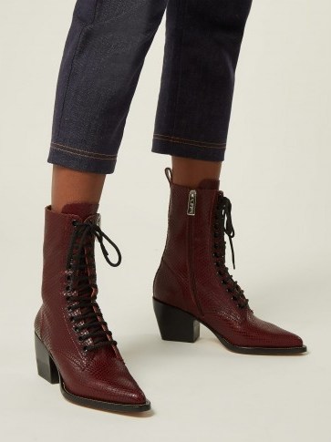 CHLOÉ Burgundy Snakeskin-effect lace-up leather boots - flipped