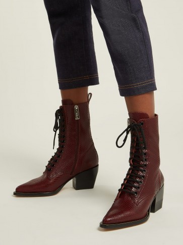 CHLOÉ Burgundy Snakeskin-effect lace-up leather boots