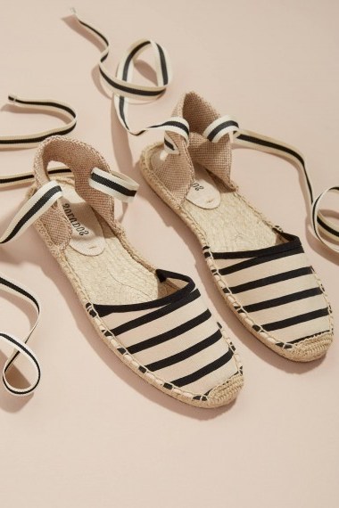 Soludos Classic Striped-Espadrille Sandals in Black and white | mono ankle wrap flats - flipped