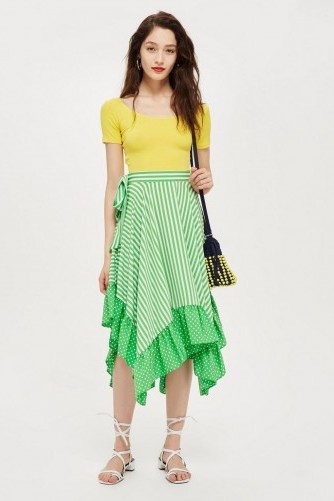 Topshop Spot and Striped Ruffle Midi Skirt in green | handkerchief hemline | summer look - flipped