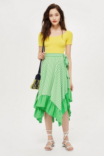 Topshop Spot and Striped Ruffle Midi Skirt in green | handkerchief hemline | summer look