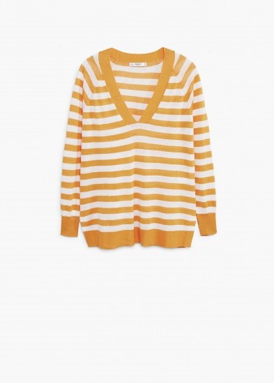 Olivia Palermo yellow striped jumper worn around waist out in New York, MANGO Striped linen sweater in mustard, as see on Instagram, 15 June 2018 | Casual celebrity street style - flipped