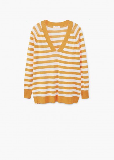 Olivia Palermo yellow striped jumper worn around waist out in New York, MANGO Striped linen sweater in mustard, as see on Instagram, 15 June 2018 | Casual celebrity street style