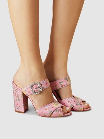TABITHA SIMMONS‎ Reyner Pink Embellished Floral-Print Satin Sandals ~ pretty summer block heels - flipped
