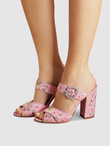 TABITHA SIMMONS‎ Reyner Pink Embellished Floral-Print Satin Sandals ~ pretty summer block heels