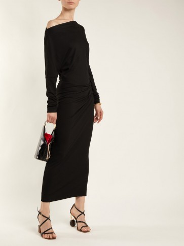 VIVIENNE WESTWOOD ANGLOMANIA Thigh boat neck ruched midi dress ~ chic lbd ~ asymmetric neckline