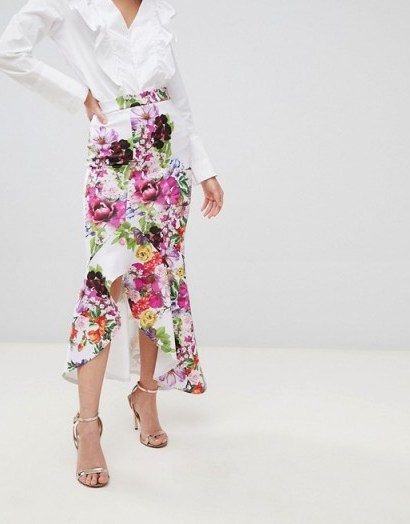 True Violet hi-low frill skirt in print | floral occasion fashion - flipped