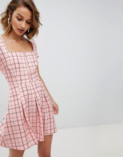 Unique 21 square neck mini dress with zip front Pink Check – fit and flare - flipped