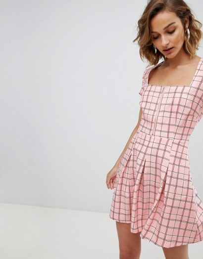 Unique 21 square neck mini dress with zip front Pink Check – fit and flare